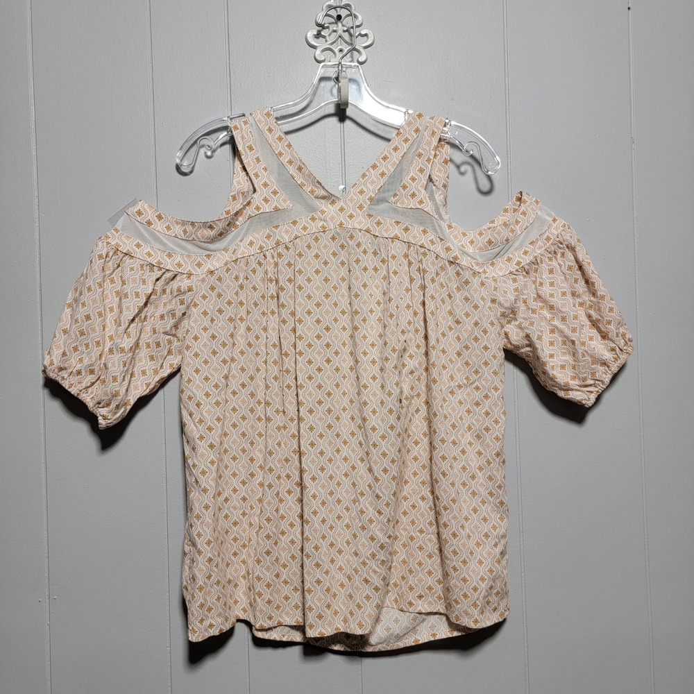 Buckle Black Womens Medium Cold Shoulder Mesh Inset Boho‎ Medallion Blouse Tan